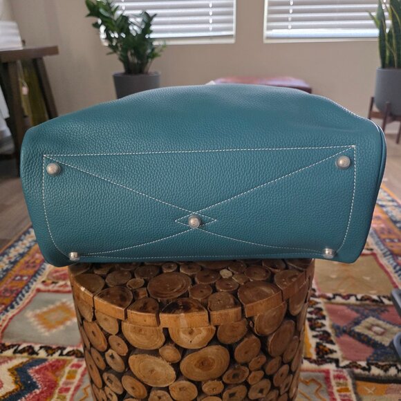 Blue Cowhide Leather Structured Zip Handbag with Lock and Key Set - Picture 2 of 5